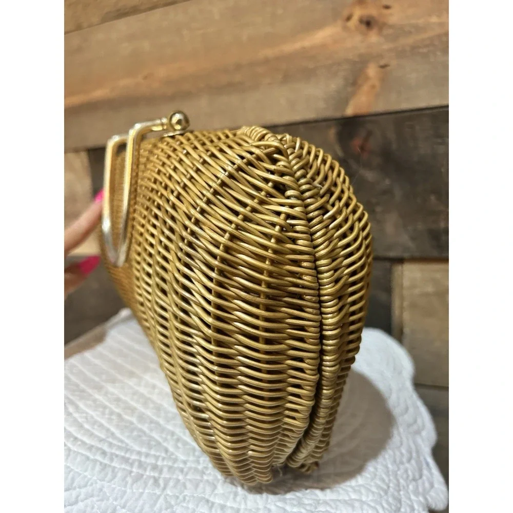 Vintage 50s 60s Coated Wicker Handbag purse Gold‎ Handles